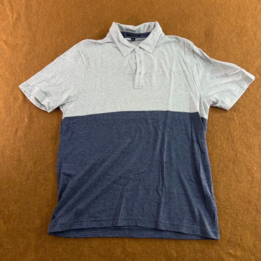 TravisMathew Mens L Gray Navy Blue Colorblock Heathered Short Sleeve Polo Shirt